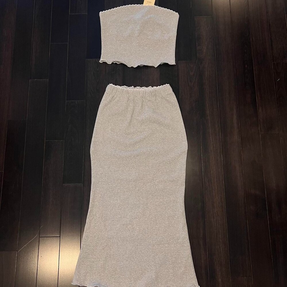 Two piece tupe top and maxi skirt- ribbed heather grey